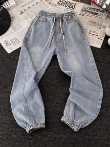 Loose Fit Straight Leg Jeans Mens Vintage Washed Cuffed Elastic Waist Youth Casual Trousers Autumn Seasonal Fashion