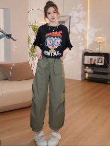 Shalldoer | Summer Print Short Sleeve T-Shirt Wide Leg Casual Pants Womens Two-Piece Set Comfortable Breathable Round Neck Cotton Ensemble