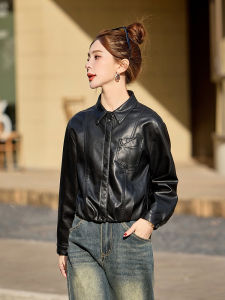 OUCAO | Black Short Womens Leather Jacket