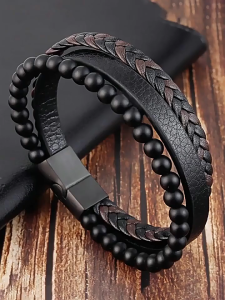 ร้านอยู่กทม.สร้อยข้อมือ หนังถัก 21CM สไตล์วินเทจ ย้อนยุคพังก์ จี้หิน  ข้อมือถักแฟชั่นสําหรับผู้ชาย เครื่องประดับ