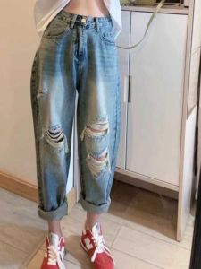 Womens Harlan Nine-Piece Denim Jeans Summer 2024 High Waist Slimming Versatile Hole Design Dad Pants Casual High Waist