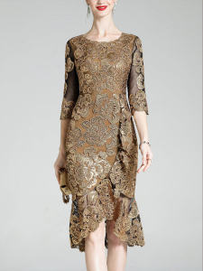 Elegant Midlife Womens Embroidered Sequin Short Front Long Back Dress Bodycon Skirt Party Gown for Young Mothers Spring Wear