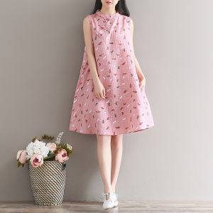 Artistic Cotton Linen Sleeveless Cheongsam Dress Mid-Length A-Line Skirt Floral Print Full-Front Button Design Spring Commute Wear