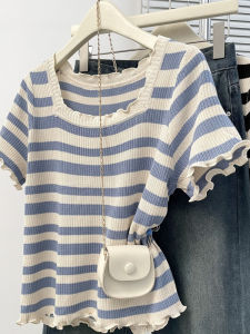 AIYITI | Big Size Stripe and Wooden Ear Design Short Sleeve T-shirt Slimming Ice Silk Knit Top