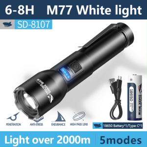 Smile Shark SD8107 Flashlight M77 8400LM Super Bright Flashlight with Pen Holder 18650 Type-C Rechargeable Rechargeable Zoom Function