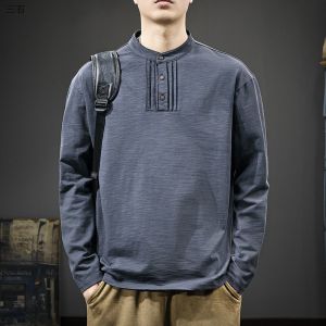 Áo Thun Dài Tay Cotton Tre Henry Cổ Tròn Rộng Rãi Thoải Mái Thoáng Khí Mùa Thu 2025 Cho Nam