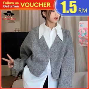 GanLai Women Coat Sweater Korean Womens Clothing Dignified Sense of Design V Collar Bandage Dress Slit Loose Long Sleeve Blouse Easy Matching Coat Student