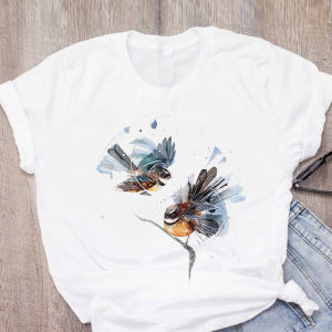 Retro Cartoon Bird Print T-Shirt White round Neck Casual Loose Fit Polyester Fiber Short Sleeve Womens Summer Top