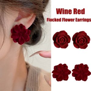 1Pair Wine Red Flocked Flower Earrings Ladies Camellia Shaped Elegant Stud Earrings Women Fashion Jewelry Accessories