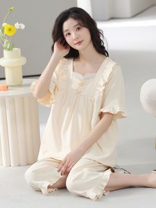 MiiOW | ชุดนอนผู้หญิงแขนสั้นผ้าฝ้ายแท้บางระบายอากาศได้ดี ชุดอยู่บ้านลายหมีน่ารัก ชุดนอนฤดูร้อนสำหรับสาวๆ ชุดนอนผ้าฝ้ายผสมโพลีเอสเตอร์
