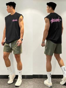 เสื้อกั๊กผ้าฝ้ายทรงหลวมสไตล์อเมริกันฤดูร้อนสำหรับผู้ชาย ทรงหลวม ลายตัวอักษร ทรงหลวม ระบายอากาศได้ดี คอกลม เสื้อกั๊กผ้าฝ้ายแท้
