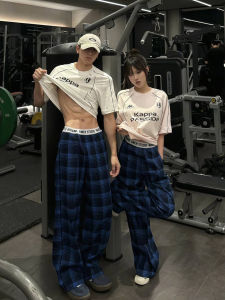 ZHUOCAN | Blue Plaid Loose Straight Trousers