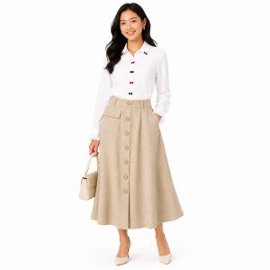 Womens Button-Front A-Line Linen Midi Skirt