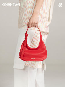 Omentar Genuine Leather Wooden Horse Bag Womens Shoulder Crossbody Moon Shape Handbag Casual Simple Style Detachable Strap