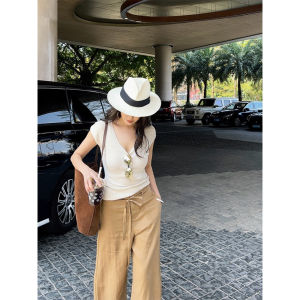 UMI Womens Slim Fit Elastic Knitwear Short Sleeve Large U-Neck Summer New Arrival Fashionable Versatile Casual Commute Style