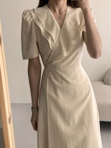 Chic Summer New Style Womens Dress Elegant V-neck Turn-down Collar Waist-cinching Slimming Mid-length Skirt Korean High-waist Bubble-sleeve