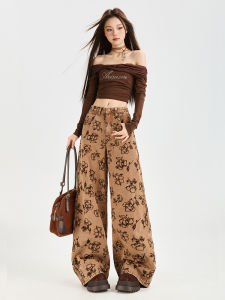Retro American Embroidered Floral Wide Leg Jeans Womens Trendy Brown Flower Print Floor-Length Straight Cut Denim Pants