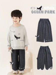 Fashionable Loose Straight Leg Cartoon Whale Jeans for Boys Spring New Style Casual Cotton Blend Long Pants Childrens Clothing