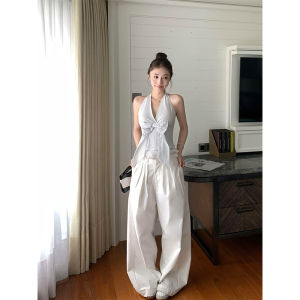 Quần Ống Rộng Cạp Cao Màu Trắng Cho Nữ Mùa Hè 2025 Quần Dài Đến Sàn Phong Cách Lười Biếng Cho Dáng Người Quả Lê