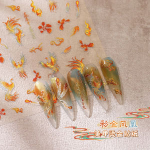 Gold Foil Nail Art Stickers Chinese Style Phoenix Design Wedding Nails Festive New Year Decoration Easy Apply No Special Skills
