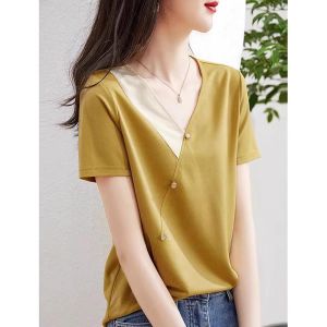 WANGGONGZHU | Color Block Short Sleeve V Neck T Shirt Women Casual Cotton Summer Fashionable Anti Aging Base Shirt Princess Style Commute