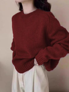 DUOFEIYAN | Áo Sweater Cổ Tròn Màu Đỏ Retro Sang Trọng cho Nữ