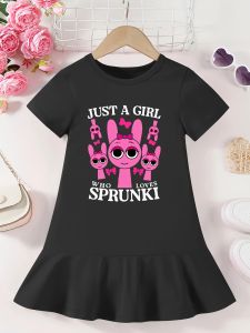 Girls SPRUNKI printed short sleeved dress sweet ruffle hem skirt summer T-shirt skirt casual and comfortable