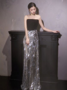 French Style Tube Top Evening Dress Hepburn Style Ladies Banquet Elegant Engagement Dress Bridal Wedding Silver Evening Gown