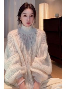 SHANGSHA | Atmospheric Feel Small Batch Off-shoulder High Neck Sweater White