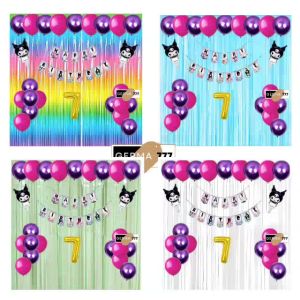 Paket Set Dekorasi Pesta Banner Happy Birthday Kuromi Balon Latex Ungu Pink Ulang Tahun Anak