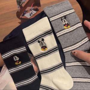 ถุงเท้าผู้หญิงลายทางปัก Dongdaemun ถุงเท้าผู้หญิงฤดูใบไม้ผลิและฤดูร้อน ถุงเท้าครึ่งแข้งสไตล์วิทยาลัย ถุงเท้าผู้หญิงแบบอเนกประสงค์