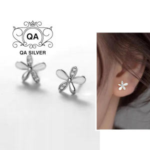 Khuyên tai bạc 925 hoa năm cánh khảm đính đá S925 FLORA QA SILVER Earrings EA241201