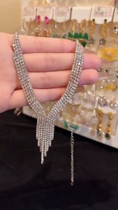 1Set Kalung Berlian Anting Juntai Panjang Silver Untuk Pesta And Wedding Party