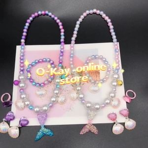 O-KAY 5pcs/set Mermaid Princess Pearl Shell Pendant Necklace Earrings Rings Set Girls Accessories Bracelet Decoration  Kids Birthday/Childrens Day Gift