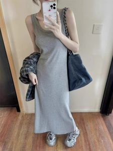 ชุดเดรสยาวคลุมเข่าแขนกุดสีเทาสไตล์เกาหลีสำหรับผู้หญิงในฤดูร้อน ทรงหลวม สไตล์ลำลอง ชุดชั้นในช่วงคอตตอน ชุดคลุมท้อง