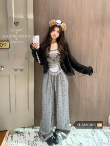 Grey Knitted Cardigan Top Long Sleeve Three-Piece Set Womens Casual High Waist Autumn Winter Fashion Ensemble round Neck