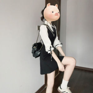 Korean Style Womens Short Skirt Set Long Sleeve Dress Underwear College Style Fake Two-Piece Winter Fashion High Waist A-Line Skirt