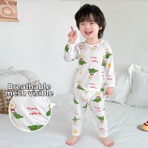 Childrens Bamboo Fiber Sleepwear Long Sleeve Thin Home Clothes Set for Boys And Girls Suitable for Spring Summer Seasons