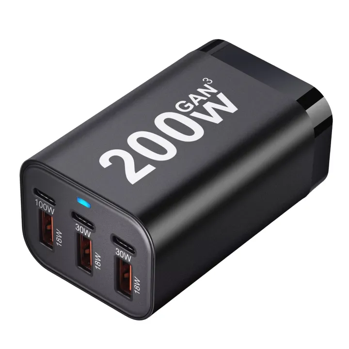 200W 6-Port USB C Fast Charging GaN Charger Power Adapter for iPhone 14/13/12 Series Samsung Galaxy S23/S22/S21 - High-Speed Des