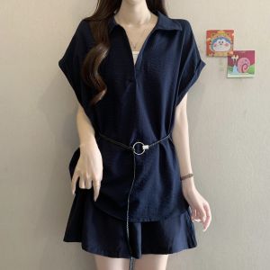 Bộ Áo Ngắn Tay và Quần Short Dây buộc eo Kẻ Giả hai mảnh Plus Size