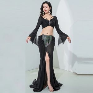Womens Belly Dance Costume Elegant Style Bright Diamond Fishtail Skirt Advanced Performance Costume Set
