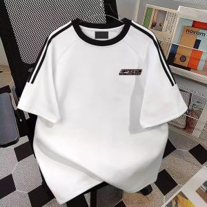 Heavyweight Pure Cotton Hong Kong Style Simple Letter Three Bars Dark Blue Short Sleeve T-Shirt Men Summer Trend Loose Student Top