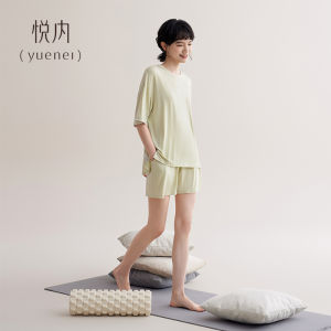 yuenei | Bộ đồ ngủ Modal Ice Silk mùa hè cho nữ tay ngắn có đệm ngực Bộ đồ mặc nhà mỏng thoáng khí thoải mái Bộ đồ ngủ mùa hè cho nữ