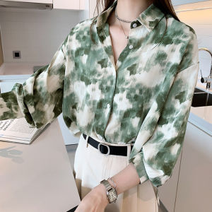 Áo Sơ Mi Voan Cổ Bẻ in Họa Tiết Sơn Mài Phong Cách HongKong Cổ Điển Dành Cho Nữ Mùa Thu 2022 Thường Ngày Rộng Rãi