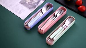 3 in 1 Travel Utensils: Portable Stainless Steel Silverware Flatware Set Fork Spoon Chopsticks With Pull-out Box
