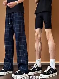 Blue Plaid Breathable Mens Pants Loose Flare Tapered Leg