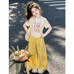 LIREGONGZHU | Girls Summer Set Short Sleeve T-Shirt and Casual Wide Leg Pants Large Kids