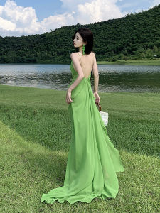 Green V-Neck Backless Chiffon Dress Womens Beautiful Beach Vacation Photo Shoot Beach Long Skirt Drifting Summer Sleeveless