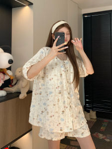 Summer Short Sleeve Bubble Cotton Sleepwear Set with Chest Pad Womens Home Clothes Youth Cloud Cotton Sweet Cute Style