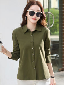 Spring & Fall New Arrival Pure Cotton Shirt Womens Polo Collar Solid Color Long Sleeves T-shirt Fashion All-Match Slimming Cardigan Professional Top Clothes